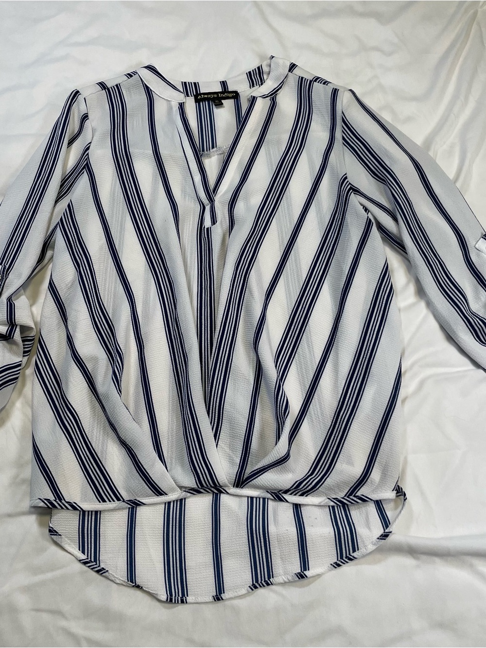 🌊 Always Indigo Coastal Chic Striped Faux Wrap Blouse Size Medium Quiet Luxury - Picture 4 of 11